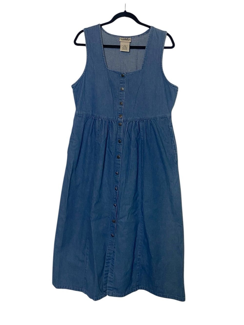Vintage Denim Midi Dress 90s Button Front Sleeveless Pocket Western Dress